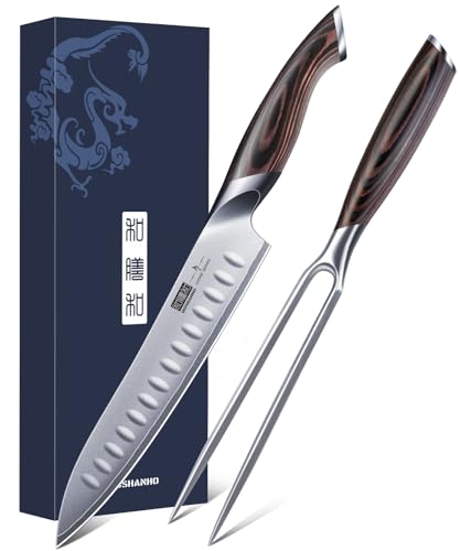 HOSHANHO 8 Inch Carving Knife & 7 Inch Fork Set, Razor Sharp Slicing Knife