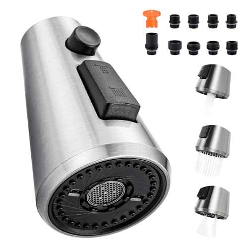 ALEASHA Pull Down Spray Head for Kitchen Faucet,3-Function Sink Spray Nozzle with 9 Adapters,Kitchen Faucet Head Replacement Compatible with Moen,American Standard Faucets,Brushed Nickel - color: Brushed Nickel