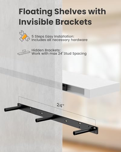 Amada 47 Inch Floating Shelves with Invisible Brackets, Set of 2, White | Wall Shelves with Hidden Bracket, Solid MDF Wood, 22 lbs Max Load per Shelf, Easy to Assemble, Multi-Wall Compatible - color: White, size: 47 inches