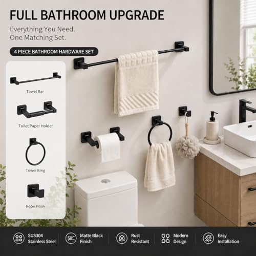Matte Black Bathroom Hardware Set 4 Pieces,Towel Bar Set Stainless Steel Wall Mounted, Includes 16In Hand Towel Bar, Towel Ring, Robe Towel Hooks,Toilet Paper Holder, Bathroom Towel Rack Set - color: Matte Black-4pcs, size: 16Inch