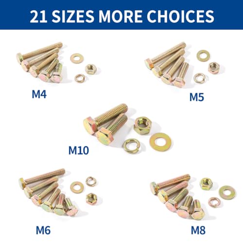 1100cs Grade 8.8 Metric Bolts and Nuts Assortment Kit, M4, M5, M6, M8, M10 Heavy Duty Hex Bolts and Nuts Kit, Assorted Nuts, Bolts, Flat & Lock Washers, Yellow Zinc Plated, Length from 12-40 mm - size: 1100PCS M4, M5, M6, M8, M10