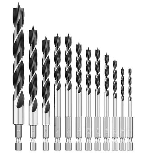12Pcs (1/8" - 1/2") Hex Shank Brad Point Wood Drill Bit Set - size: Hex Shank (1/8"-1/2") - 12pcs