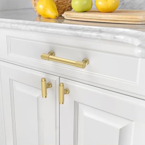 Amerdeco 10 Pack Brushed Gold Knurled Cabinet Pulls 3.75 Inch(96mm) Hole Center Kitchen Cabinet Handles Drawer Pulls Cabinet Hardware ZH0034 - color: Brushed Gold, size: 3.75"/96mm Hole Center
