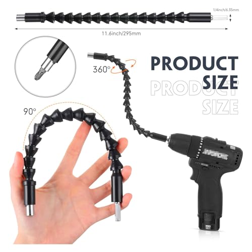 17pcs Flexible Drill Bit Extension, Include 3pcs Impact Socket Adapter 2pcs Hex Shank 105° Right Angle Drill Attachment 10 Short Screwdriver Bits Bendable Drill Bit Extension and 90° Angled Bits - color: 17p*black