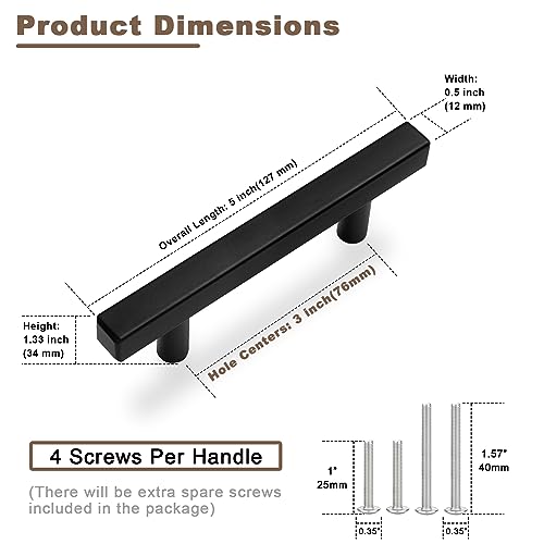 Estmoon 30 Pack 3 Inch Cabinet Handles Matte Black Cabinet Pulls Stainless Steel Drawer Pulls Square Handles for Cabinets Dressers Cupboard 76mm Hole Centers Kitchen Cabinet Hardware, 5'' Total Length - color: Matte Black