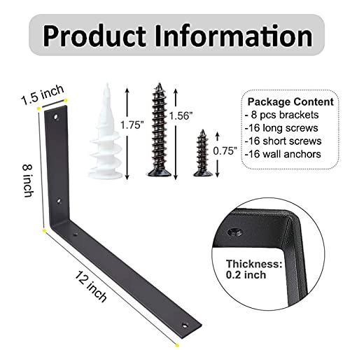 Shelf Brackets 12 Inch L Brackets for Shelves Heavy Duty Black Wall Brackets for Shelves 5mm Thick Metal Bracket Support for Shelf with Screws - size: 12 Inch, style: Black-8 Pack