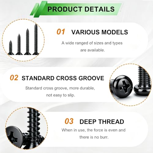 288PCS Black Screws Assortment Kit,Self Tapping Wood Screws #4/#6/#8/#10 Screw Assortment Kit,Round Head Screws Length 3/8" to 2",Sheet Metal Screws Assorted - size: 288PCS-BK