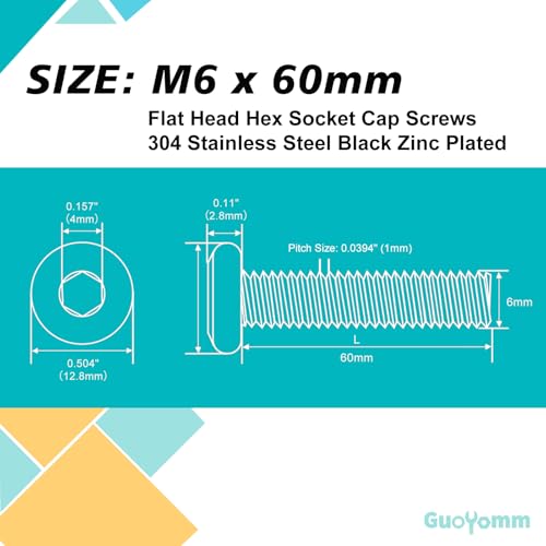 M6 x 60mm 10Pcs Flat Head Hex Socket Cap Screws, 304 Stainless Steel 18-8, Black Zinc Plated, Connection Furniture Bolts, Full Thread - size: M6 x 60mm(10PCS)