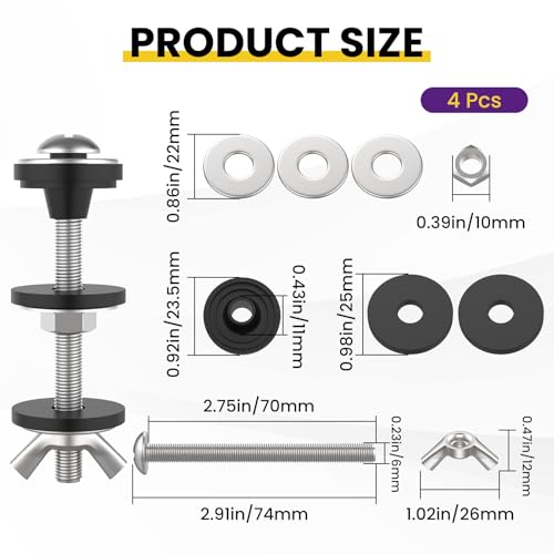 4 Pcs Universal Toilet Tank to Bowl Gaskets Kit, Stainless Steel Toilet Tank Bolts & 2 Kind Gasket, Fits 2-Inch and 3-Inch Seals for Toilets Mounting Repair and Flush Valve Opening - size: Bolts & Gasket