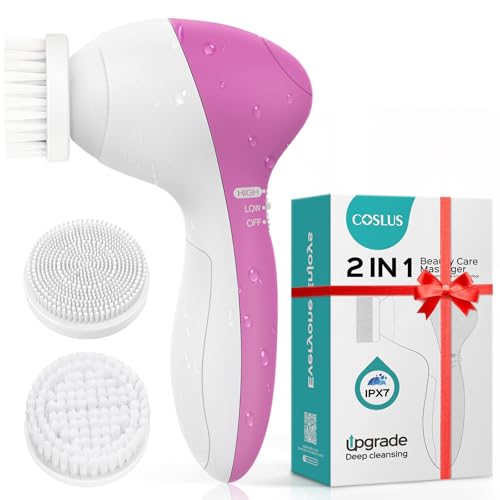 COSLUS Facial Cleansing Brush Face Scrubber, 2-in-1 Rotating Design - color: Bright Rose