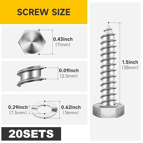 (20Sets) 1/4" x 1-1/2" Hex Head Lag Bolts, Heavy Duty Lag Screws with Washers, 304 Stainless Steel Bolts 18-8, Lag Screws Wood Screws, Partial Thread Bright Finish, 1/4 Bolt by Mywish - size: 1/4 x 1-1/2" (20 set)
