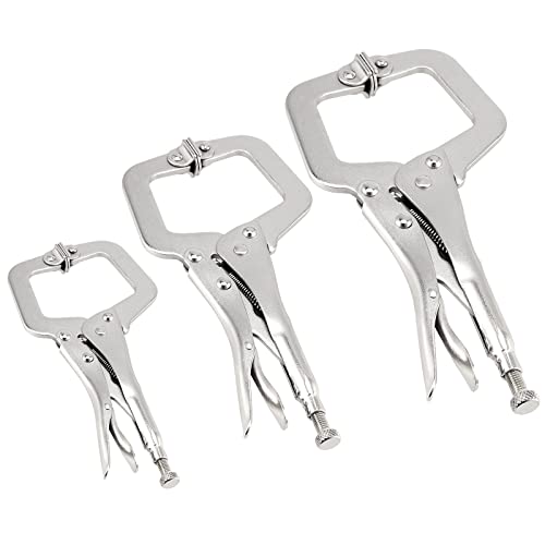 JAPCHET 3 Pack C Clamp Locking Pliers Set with Swivel Pads, Locking C-Clamp Set, Welding Clamp Tools Set 6 Inch 9 Inch 11 Inch Heavy Duty for Wood Working