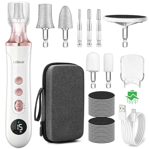 Litbear Thick Toenail Grinder, 15X Professional Electric Nail Drill File Set, Cordless Pedicure Manicure Tool Callus Remover for Women Men Senior Hand Feet Care, Home Salon Use ( White ) - size: White