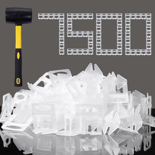 Tile Leveling System 1/8" Spacers Tile Leveler Clips 7500 Pcs and 16 oz Rubber Mallet Hammer .Tile Tools Set for Professional Ceramic and Stone Installation