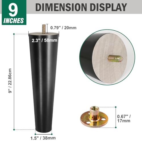 FoDau770 Rubber Wood Legs 9", Straight Taper, 5/16"-18 Thread, Black, 4pcs | Wood Couch legs - Mid Century Sofa Legs - Furniture legs Replacement for Cabinet Dresser Chair Ottoman - color: Black, size: 9 Inch - Straight (90°)