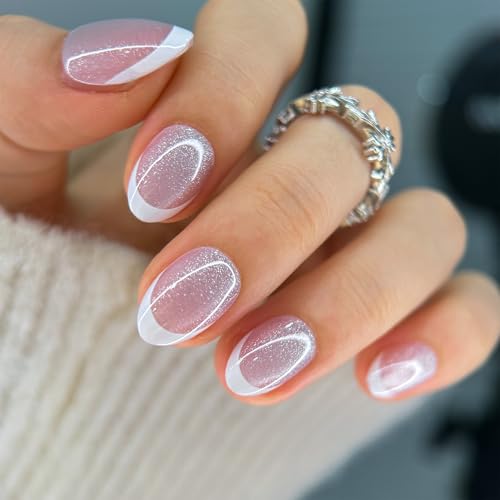 CurvLife Extra Short Almond French Tip Press On Nails, Glazed Blush Cat Eye - color: B3 - Snow Veil