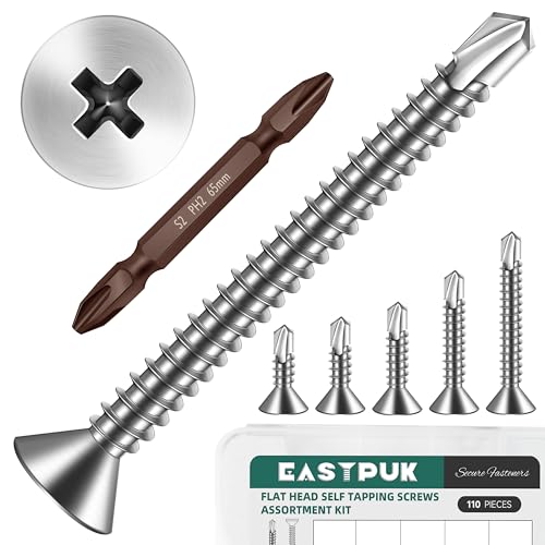 110pcs #8 Sheet Metal Self Tapping Screws Assortment Kit, 410 Stainless Steel Flat Head High-Strength Fast Self-Drilling Screws, Bright Finish - size: #8 Kit