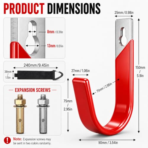 Heavy Duty Metal Garage Hooks Wall Mount 2 Pack, Garage Hanger Utility Storage Hooks for Outside, Hose Rack Suitable for Garage,Garden and Yard,Red