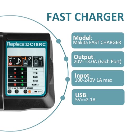 DC18RC 18 Volt 3.0A Rapid Li-ion Charger Replacement Compatible with Makita 18V Battery Charger DC18RD DC18RA DC18SD DC18SE and 18V Lithium-Ion Battery BL1430 BL1815 BL1830 BL1840 BL1850