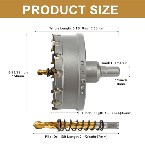 5-9/10'' TCT Hole Saw Kit Tungsten Carbide Tipped Hole Saw Drill Bit with Titanium-Plated Pilot Drill bit for Metal, Stainless Steel, Iron (150MM) - size: 150MM | 5-9/10''