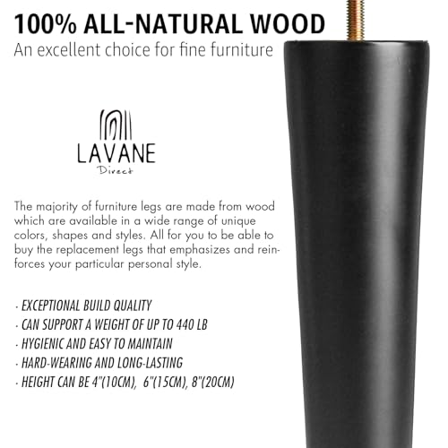 La Vane 5 inch / 12cm Wooden Furniture Legs, Set of 4 Black Solid Wood Tapered M8 Furniture Replacement Feet with Pre-Drilled 5/16 Inch Bolt & Mounting Plate & Screws for Sofa Chair Couch Ottoman - size: 5 inch