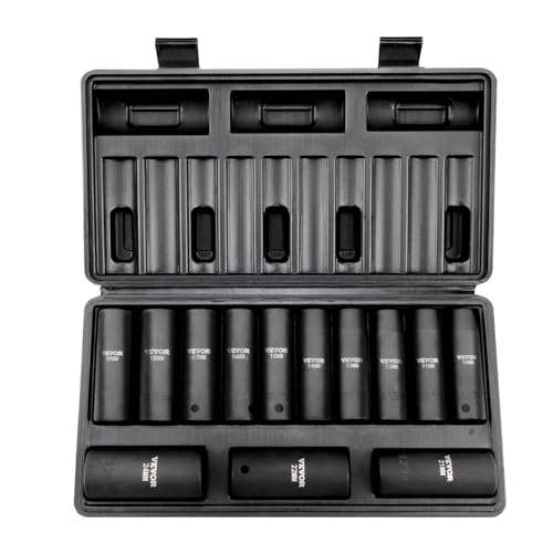 VEVOR 1/2" Drive Impact Socket Set, 13 Piece Deep Socket Set Metric 10-24mm, 6 Point CR-V Alloy Steel for Auto Repair, Easy-to-Read Size Markings, Rugged Construction, Includes Storage Case - size: 1/2" 13PCS Deep