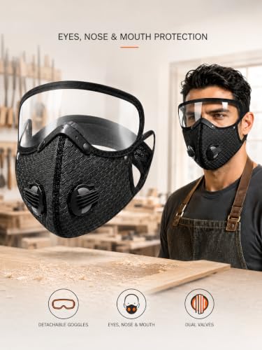 Reusable Carbon Filter Dust Mask with Detachable Goggles, Half Face Windproof Mask with 30 Filters & 2 Valves for Woodworking, Cycling, Mowing, Sanding