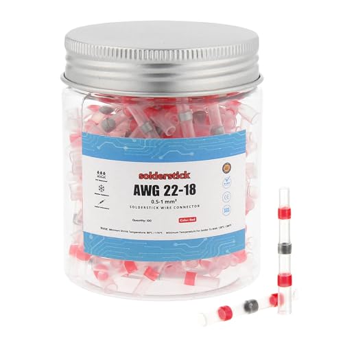 Red Solder Seal Wire Connectors AWG 22-18 100pcs Heat Shrink Waterproof Electrical Butt Connectors, Insulated Solder Sleeve Wire Terminals Kit for Automotive Marine Wiring, No Crimp Required - color: Red