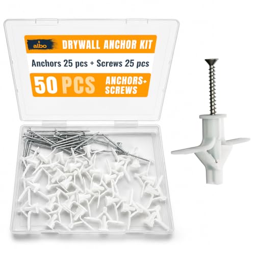 ALBO Drywall Anchor Kit Hollow Wall with Screws 50 pcs. (White Anchor 25pcs + Screws 25pcs) Plastic Hollow Wall Drilling Anchors - color: White 25pcs