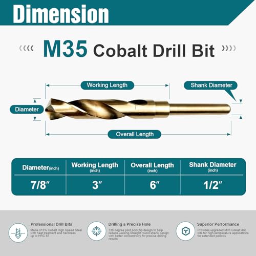 7/8 Inch Cobalt Drill Bit, M35 HSS Twist Drill Bit, 135° Split Point - size: 7/8 Inch