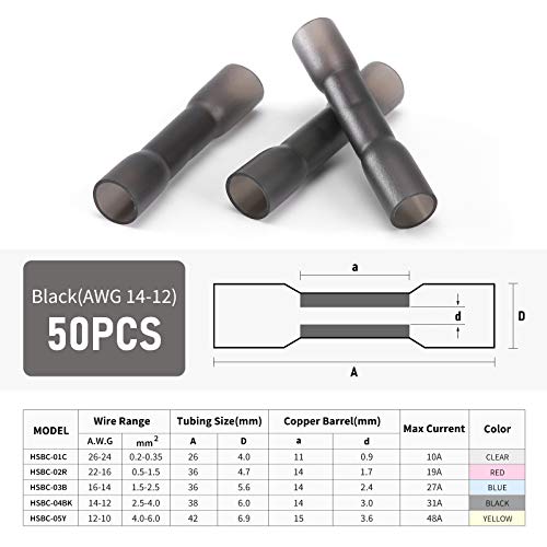 50PCS Heat Shrink Butt Wire Connectors 14-12 AWG, Insulated Waterproof Electrical Wire Connectors Automotive Marine Grade Wire Crimp Terminals Butt Splices, Ideal for Boat, Truck, Black - size: Black 50 PCS