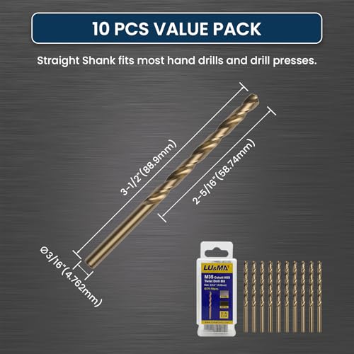 LU&MN M35 Cobalt HSS Twist Drill Bit, 3/16", 10 PCS - size: 3/16 in