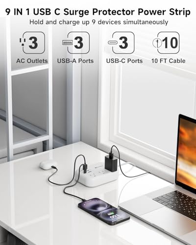 6 USB(3 USB C) Surge Protector Power Strip, 10 Ft Extension Cord,3 Outlets - size: White-10ft-24W-980J