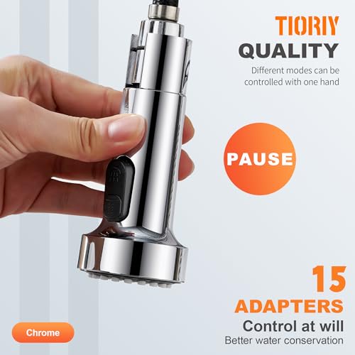 TIORIY Kitchen Faucet Spray Head Replacement with 15 Adapters, Plastic Spray Nozzle for Kitchen Faucet 3 Modes, Compatible with American Standard Faucets, Pause Mode (Chrome) - color: Chrome, style: Pause