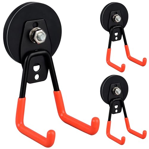 ULIBERMAGNET Heavy Duty Large Garage Magnet Hooks, 3 Pack Strong Storage Utility Magnetic Hooks with Anti-Slip Coating for Pegboard,Garage Shelve Hanging (Orange) - style: 2.59INCH 3PACK Orange Medium Hooks