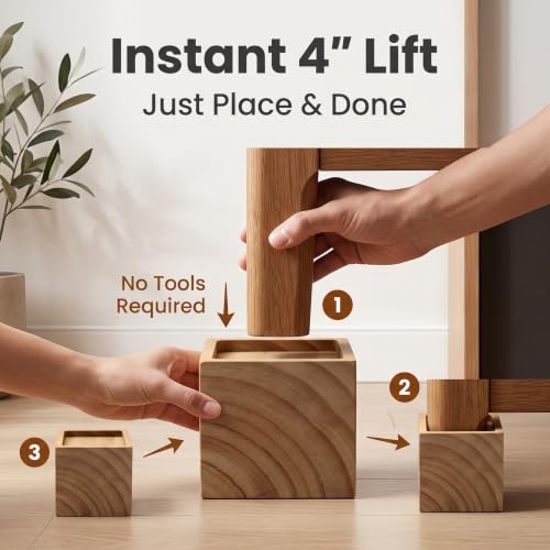 Lufia 4 Inch Solid Pine Wood Furniture Risers Set of 4, 2000 LBS Heavy Duty Silicone Non Slip Lift Blocks for Bed Sofa Desk Cabinet - color: Natural Wood - 4-pack, size: 4 Inch