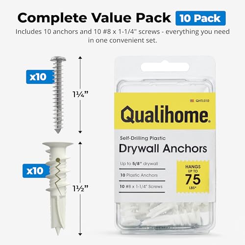 Qualihome Drywall Anchors with Screws – Self Drilling Anchors for Drywall, Anti-Spin Grip, No Pre-Drill Wall Anchor Kit, Strong & Reliable Hold, 10 Pack (20 Pieces) - style: 10 Pack (20 Pieces)