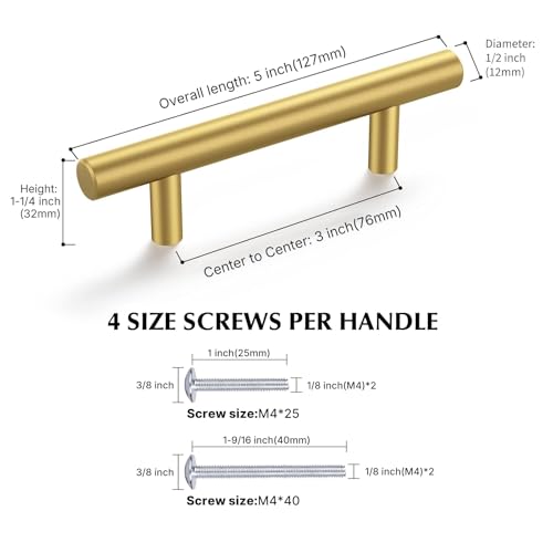 Haliwu 30 Pack 3in Gold Cabinet Handles for Kitchen Cabinet Handles | Stainless Steel, Gold Handles for Cabinets, Round T-Bar Shape, Brushed Gold Cabinet Pulls, Screws Included - size: 3 Inch Hole Center