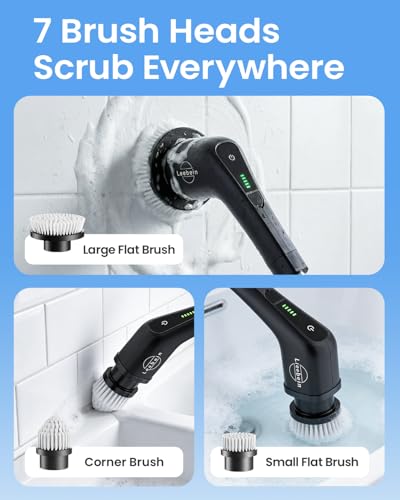 Leebein Electric Spin Scrubber, Cordless Bathroom Cleaning Brush with 8 Replaceable Brush Heads, 54 Inch Long Handle and Dual Speed Control Power Scrubber for Bathtub Floor Cleaning
