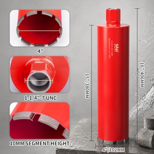 SALI 4 Inch Wet Diamond Core Drill Bit, for Reinforced Concrete, Brick, Block, Stone, 15" Drilling Depth,Core Drill Bit， 1-1/4"-7 Thread - size: 4 Inch