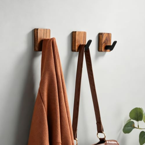 DELITON Rustic Style Hanging Towel Hooks - Decor Adhesive Wood Wall Hooks