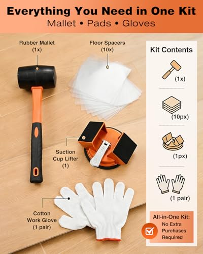 Saker Floor Gap Fixer Kit Suction Cup Tool with Mallet & 10 Washable Pads