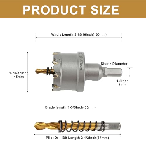 1-3/4'' TCT Hole Saw Kit Tungsten Carbide Tipped Hole Saw Drill Bit with Titanium-Plated Pilot Drill bit for Metal, Stainless Steel, Iron (45MM) - size: 45MM | 1-3/4''