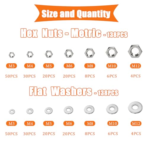 Dianrui 276 PCS Metric Hex Nut and Washer Assortment Kit, 7 Size Nuts and Washer Set (M3 M4 M5 M6 M8 M10 M12) 304 Stainless Steel Hardware Hex Nuts for Screw Bolt - size: 276PCS Metric Kit (M3—M12)