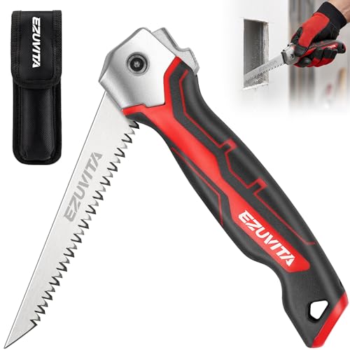 Folding Drywall Saw, Jab Saw for Drywall & Wood | Triple-Ground Teeth, Hardened 65Mn Blade, Safety Lock, Ergonomic TPR Grip, Portable Belt Sheath