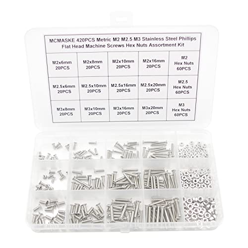 420PCS Metric M2 M2.5 M3 Stainless Steel Phillips Flat Head Machine Screws Hex Nuts Assortment Kit - size: M2/M2.5/M3