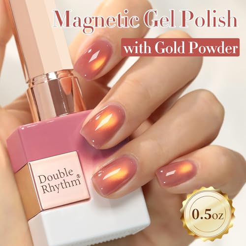 Double Rhythm Jelly Glass Cat Eye Gel Polish with Magnet 15ML Holographic Glitter Shimmer Translucent Sheer Color Magnetic Polish Salon DIY at Home (Grape Gold-MC1247) - color: Grapefruit Gold