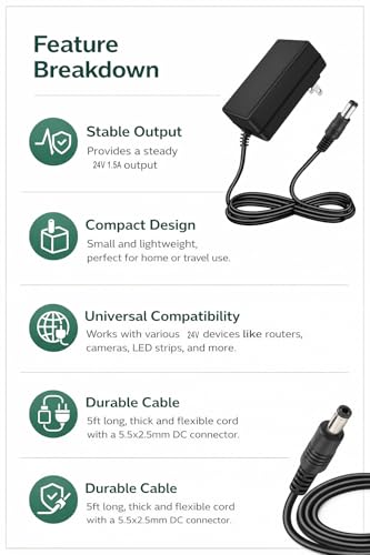 24V 1.5A Power Supply AC Adapter, 100-240V 50-60Hz to DC 24V 1.5A Switching Converter, DC Power Cord with 5.5x2.5mm/2.1mm Plug