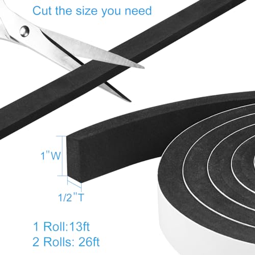 Seal Foam Tape, 2 Rolls 1 Inch W x 1/2 Inch T Weather Stripping for Door and Window,High Density Single Sided Closed Cell Door Insulation Weather Strip, 2 Rolls Total 13FT Black - size: 1"W x 1/2"T x 13FT