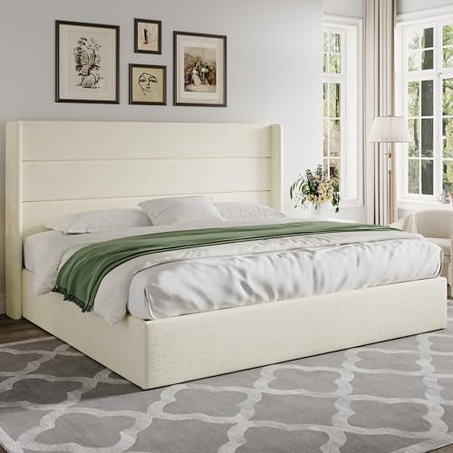 Allewie King Size Chenille Lift Up Hydraulic Storage Bed Frame Cream White - color: Cream White, size: King, style: Modern